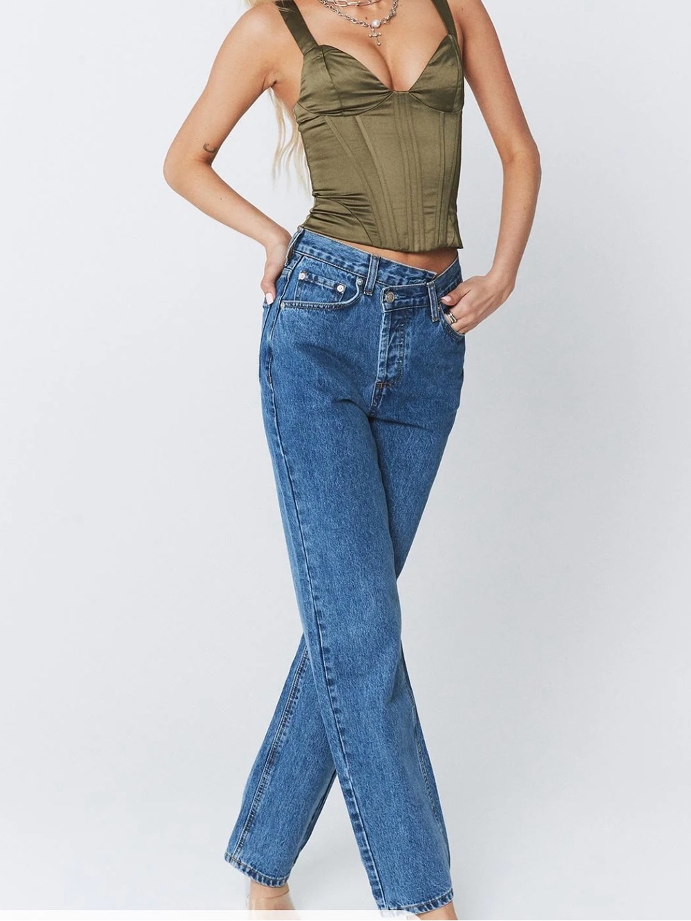 Women’s Straight Leg Jeans with Asymmetric Waist in Medium Blue Wash Denim